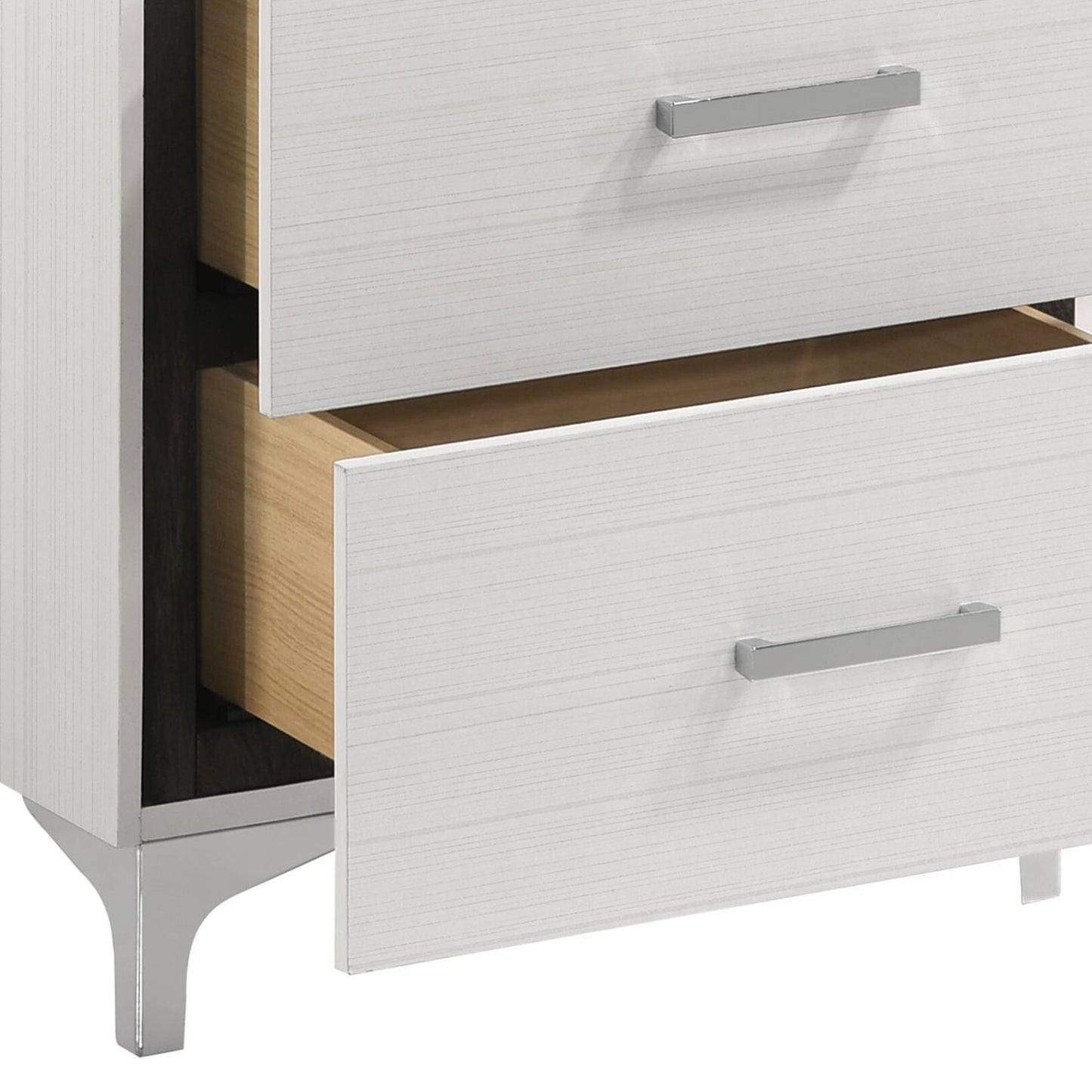 Twodrawer white dresser with horizontal wood grain texture and brushed nickel pulls