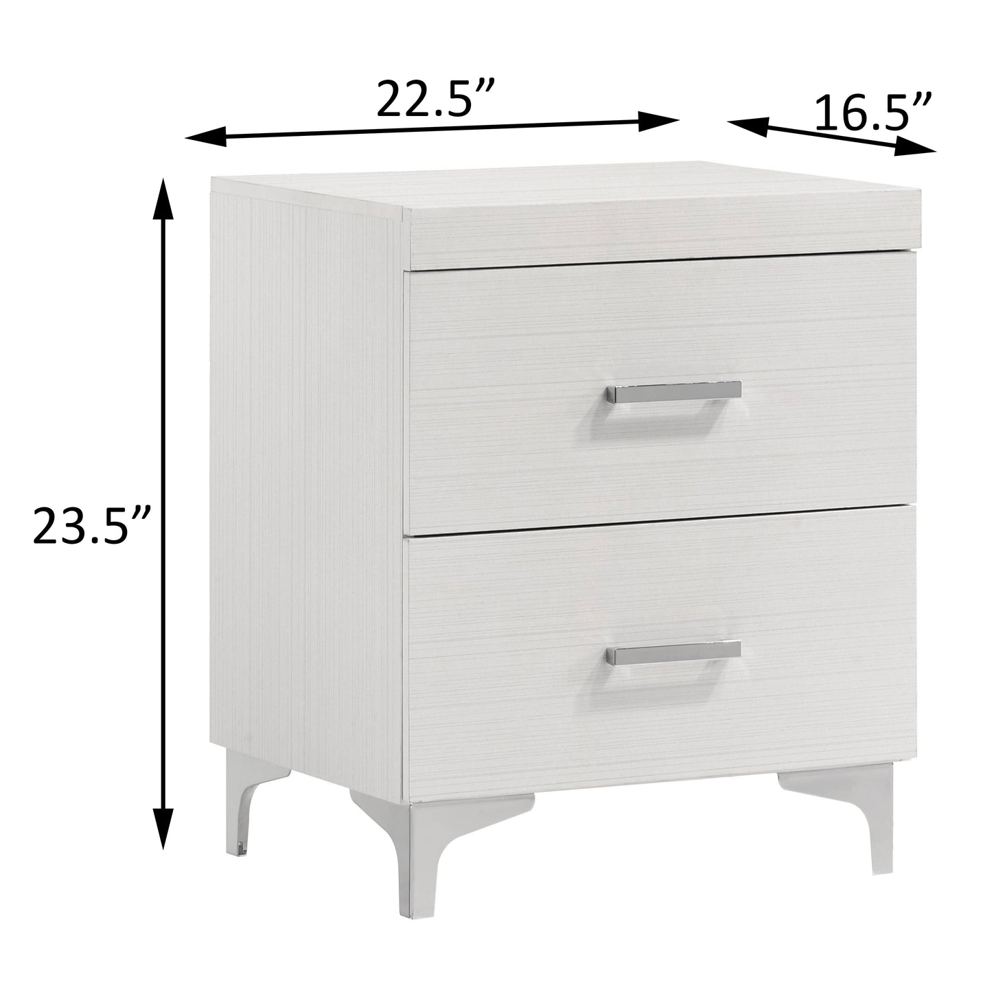 White twodrawer nightstand with silver handles and modern angled legs