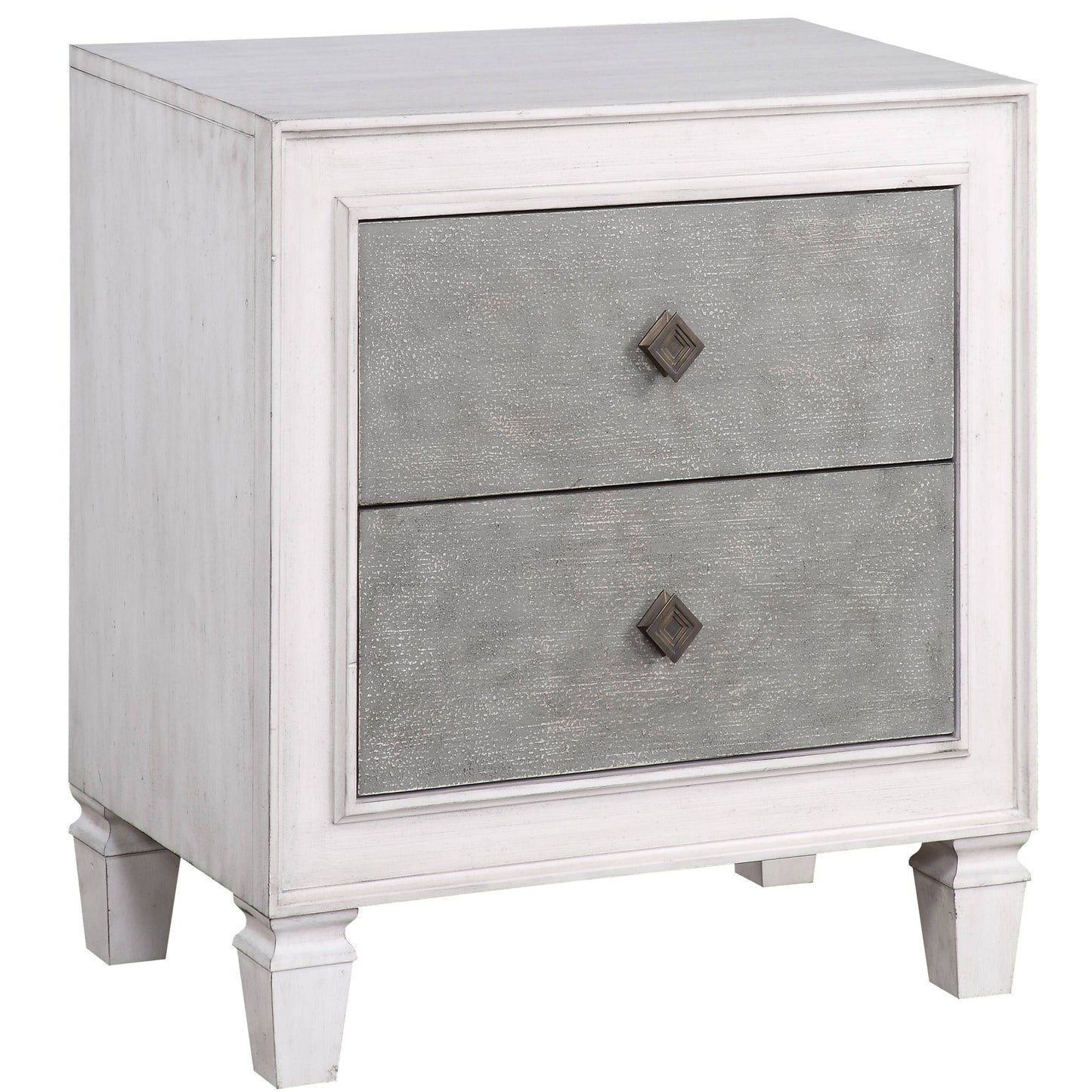Whitewashed wood nightstand with two distressed grey drawers and antique bronze diamond pulls