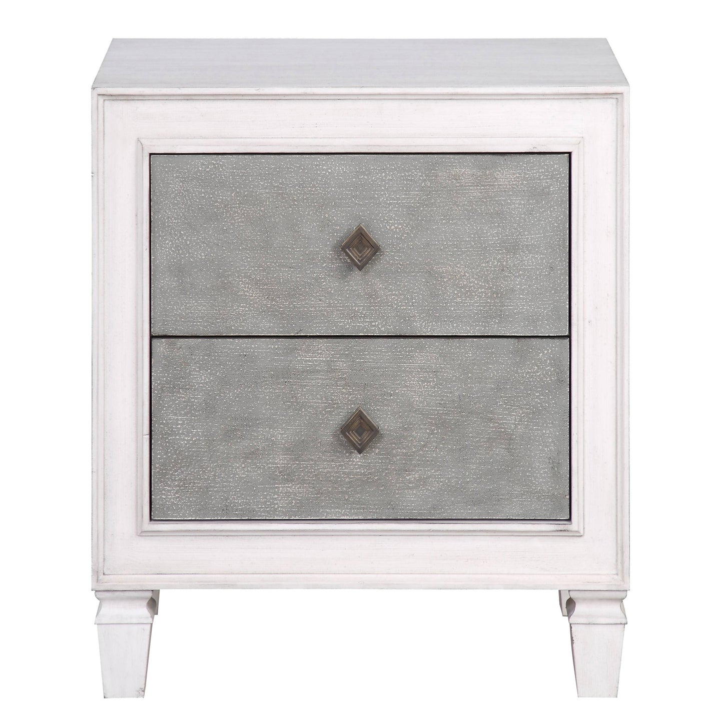 Distressed white wood nightstand with two grey textured drawers and antique brass diamond pulls