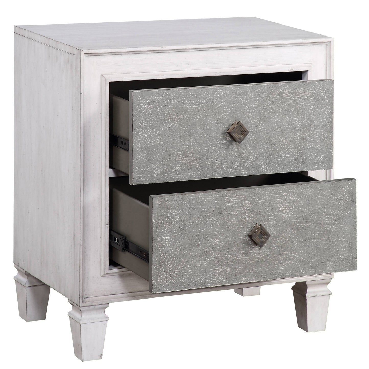 White distressed wood nightstand with two grey textured drawers and ornate knobs