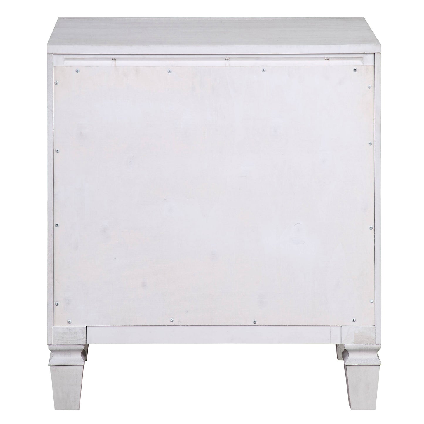 Rustic white washed wooden dresser back panel with visible screws and carved legs