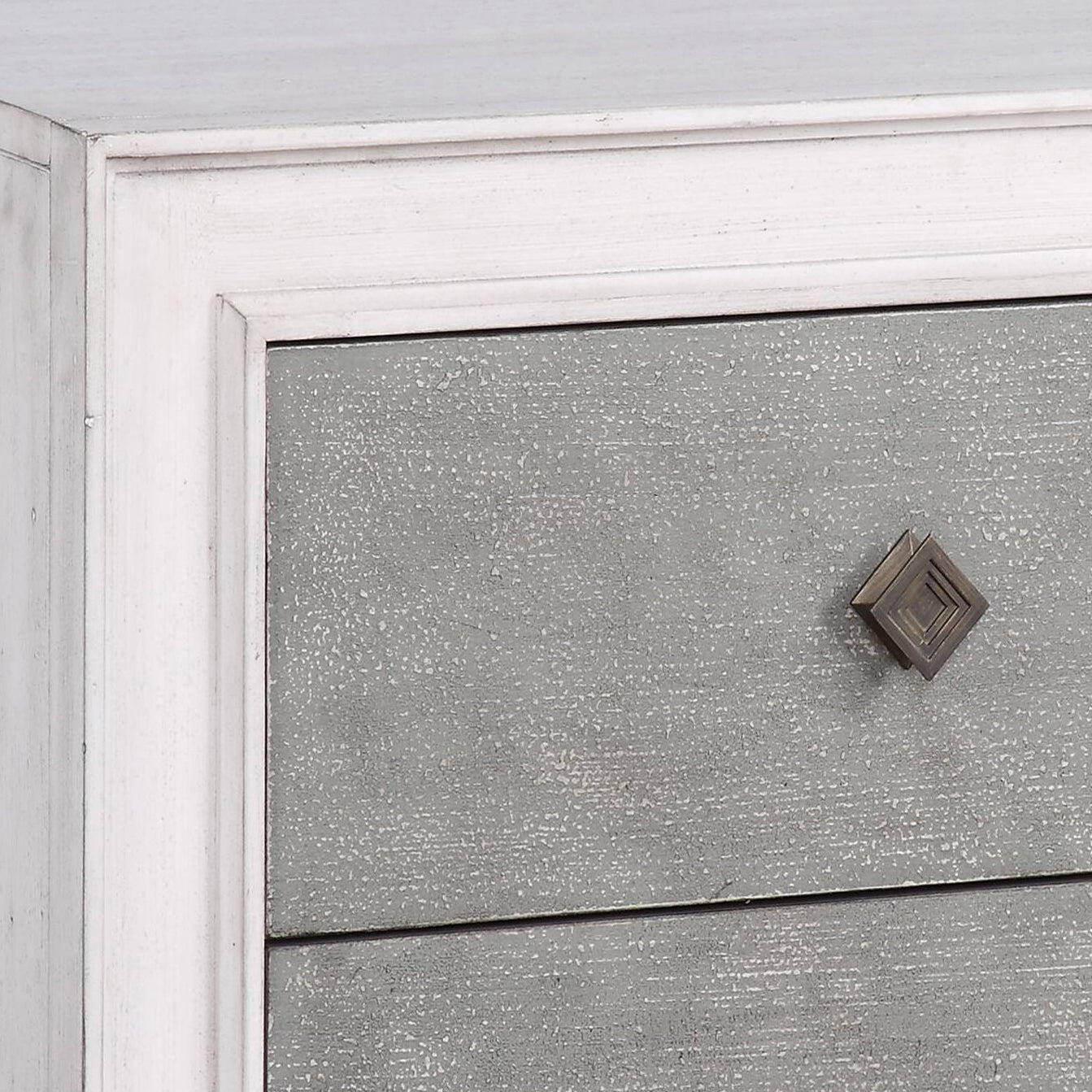 Distressed grey wood dresser drawer with antique brass diamond knob