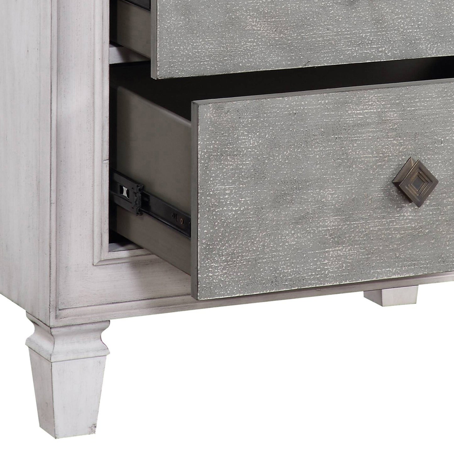 White distressed dresser with grey drawer fronts and diamond knobs