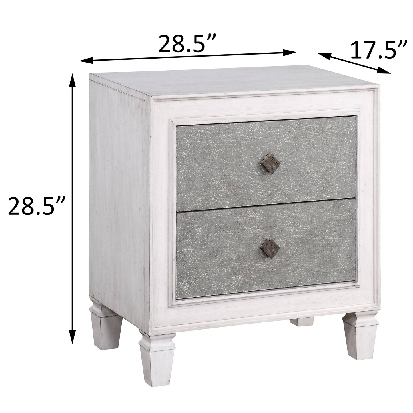 Distressed white wood nightstand with two gray textured drawers and antique brass pulls