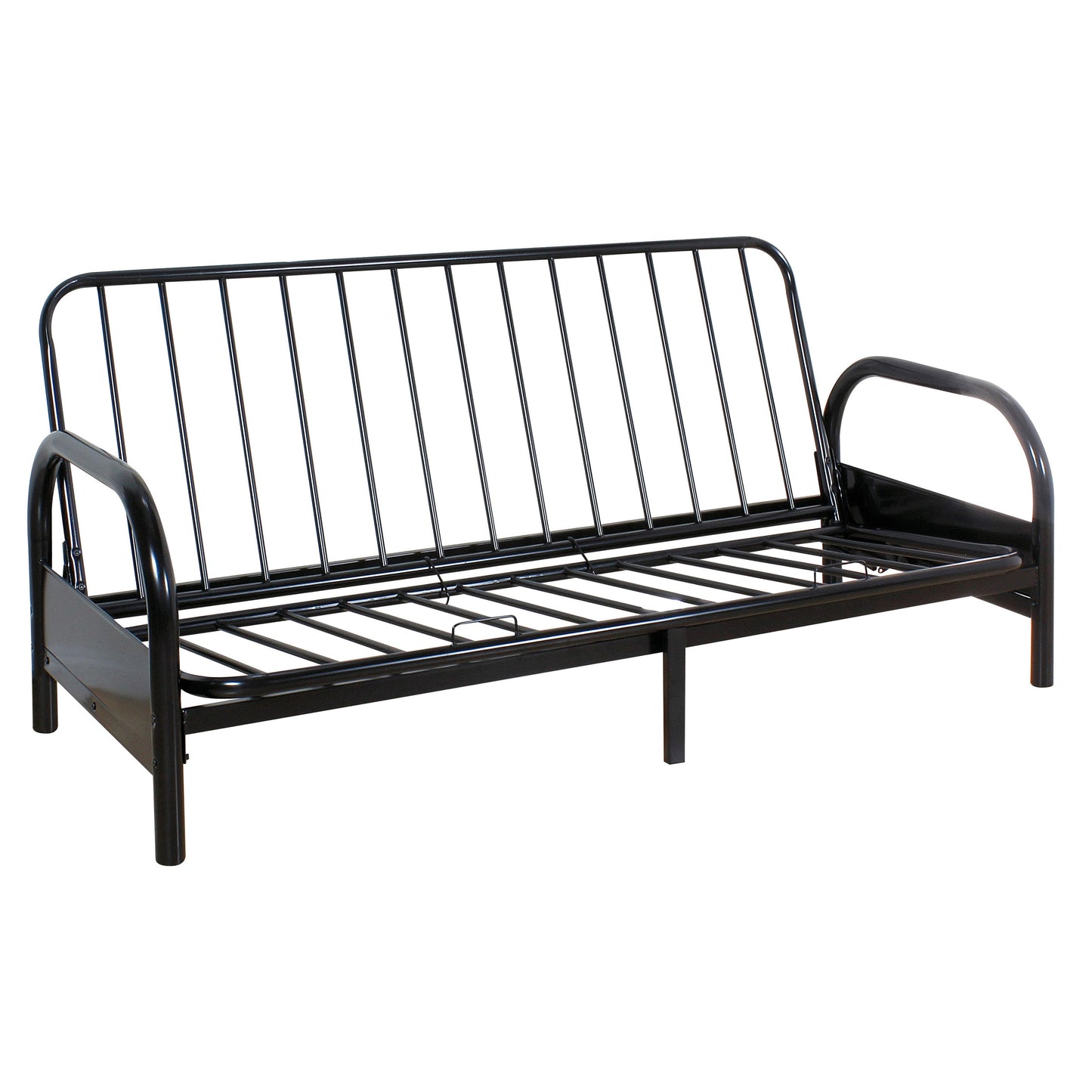 Black metal futon frame with sleek modern lines and sturdy construction