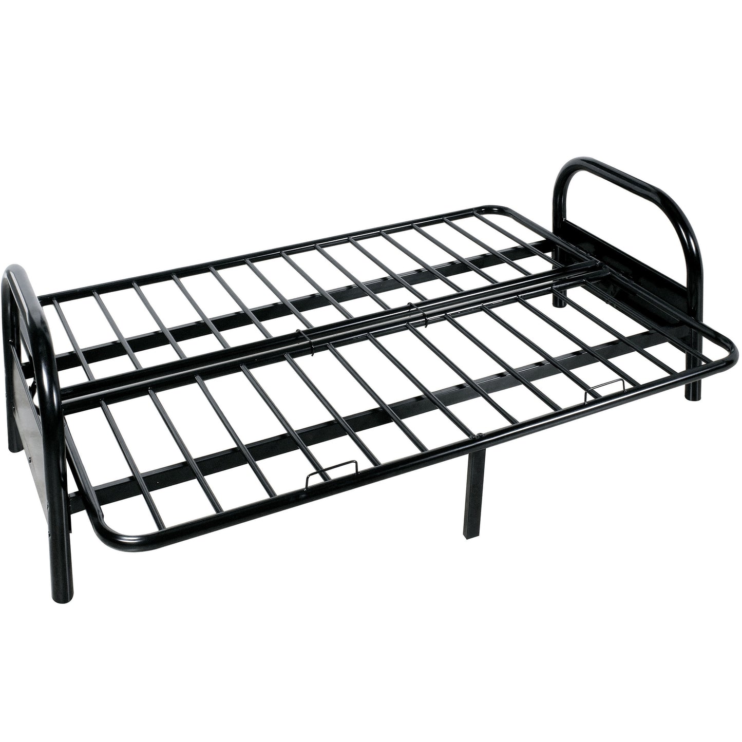 Black metal twin bed frame with slatted support