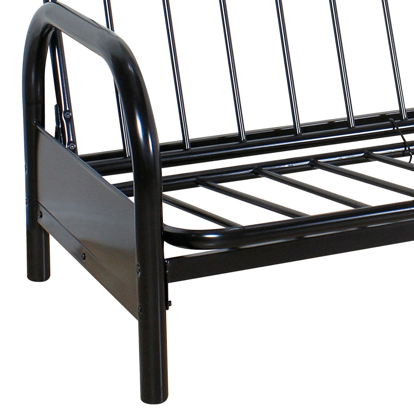 Black metal futon frame armrest and slatted base detail