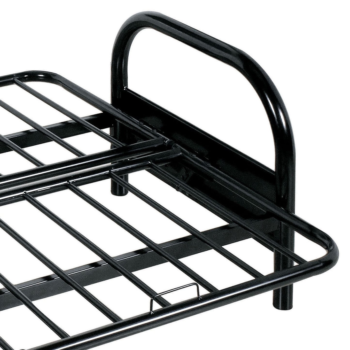 Black metal bed frame with curved headboard and sturdy slatted support