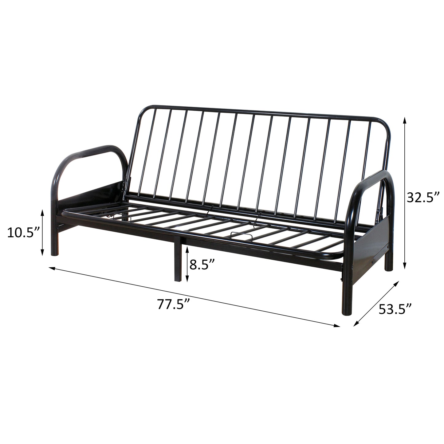Black metal futon frame with a slatted seat and backrest inches long