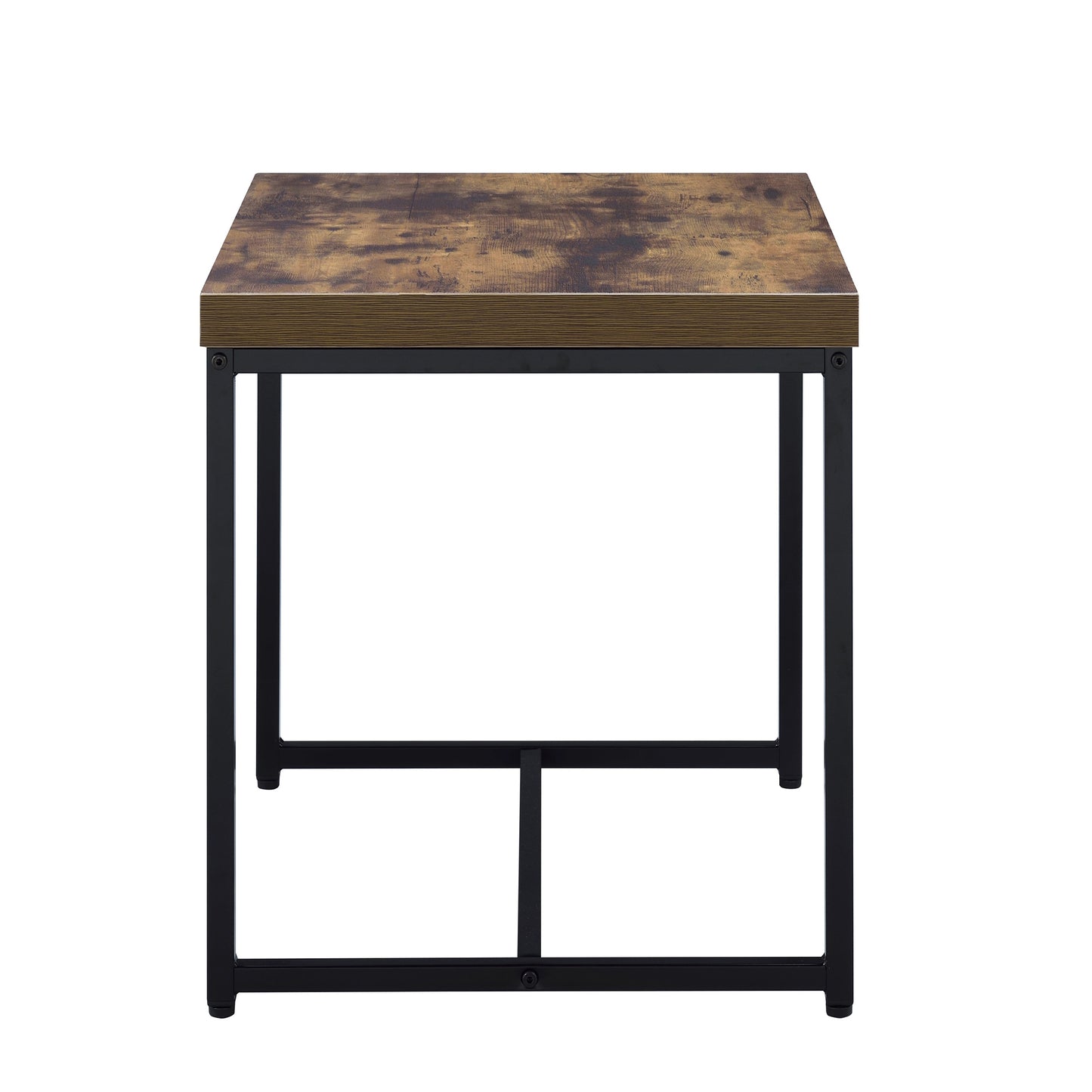 Rustic wood grain end table with black metal frame legs and support bar