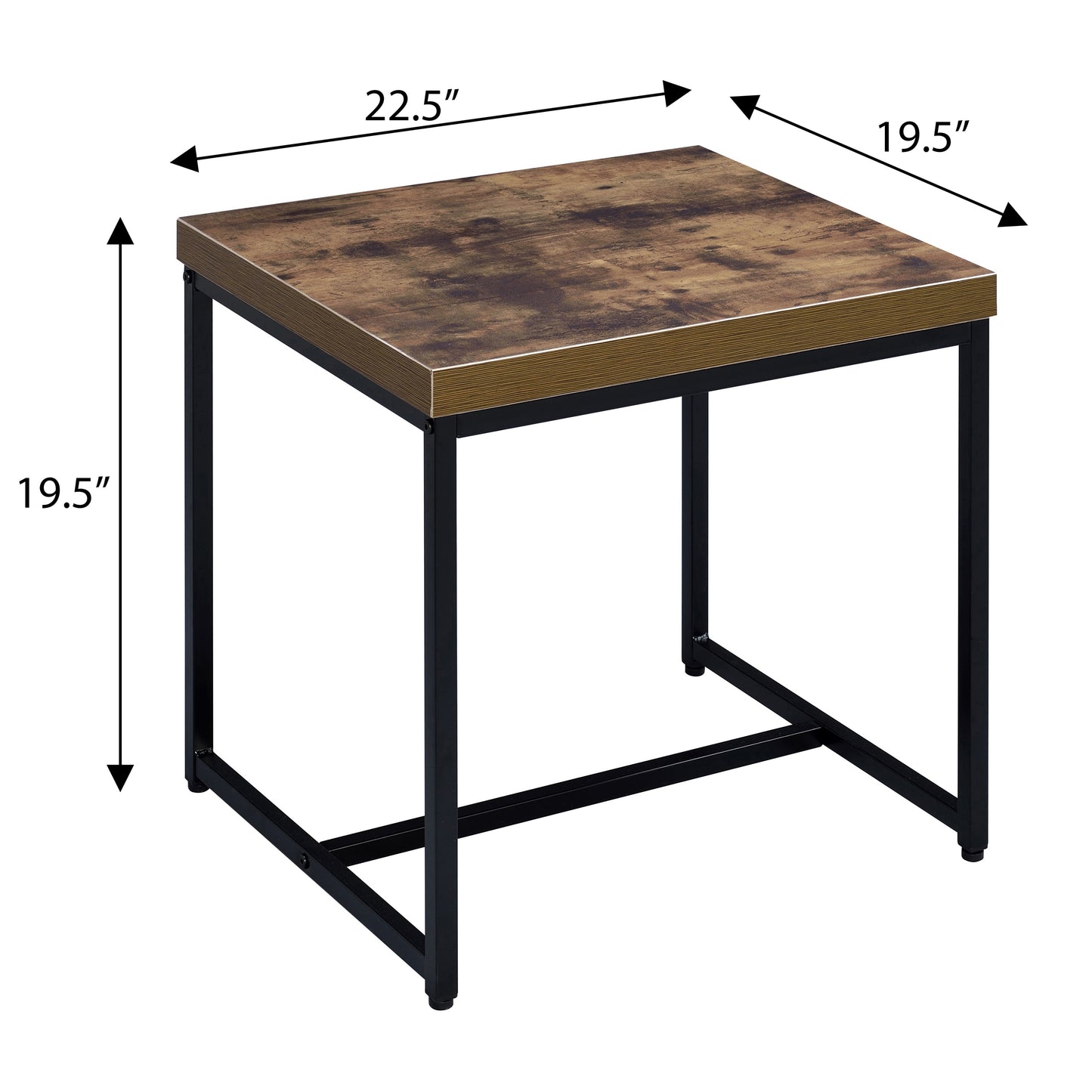Rustic brown wood grain end table with black metal frame W x D x H