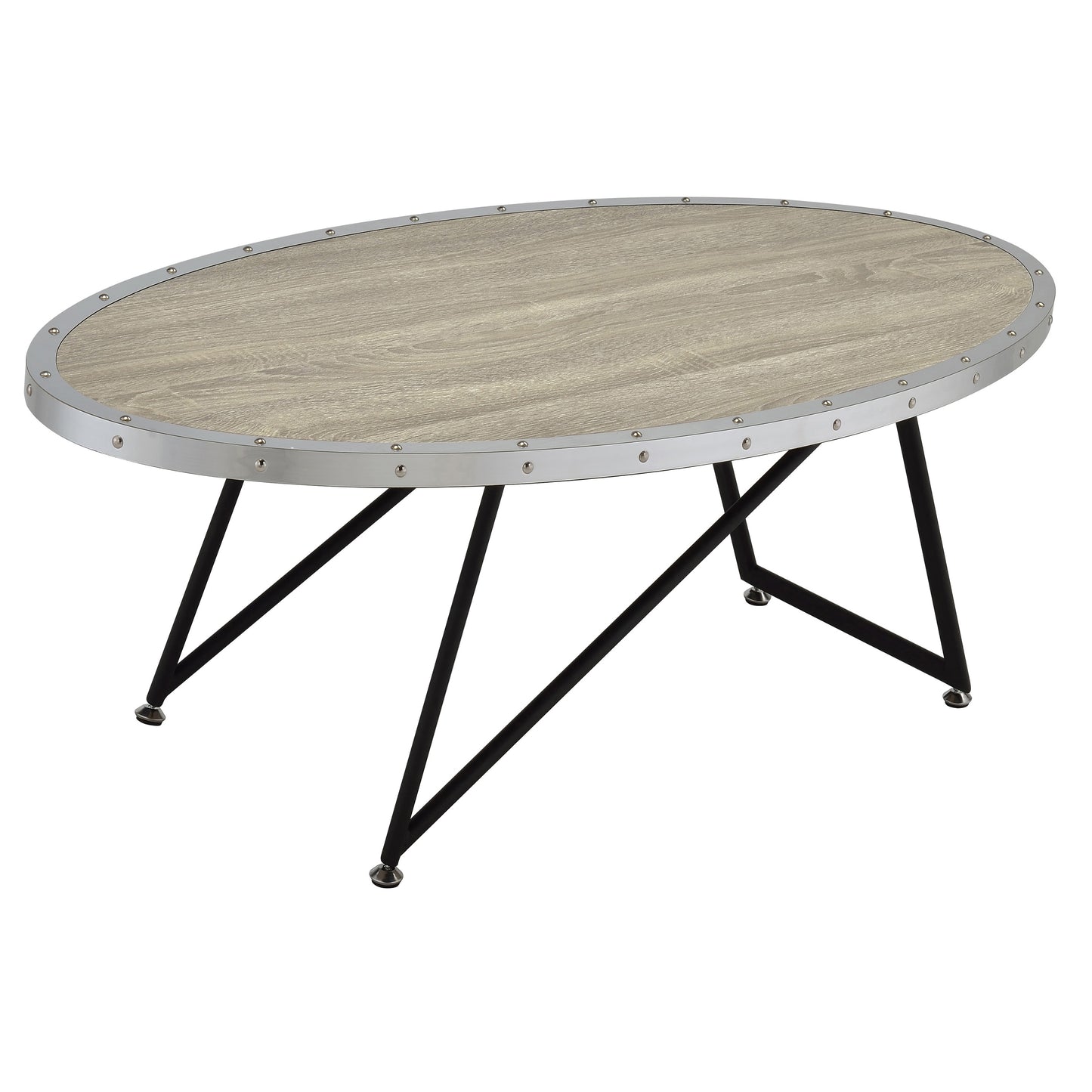 Oval coffee table with rustic woodlook top and metal trim