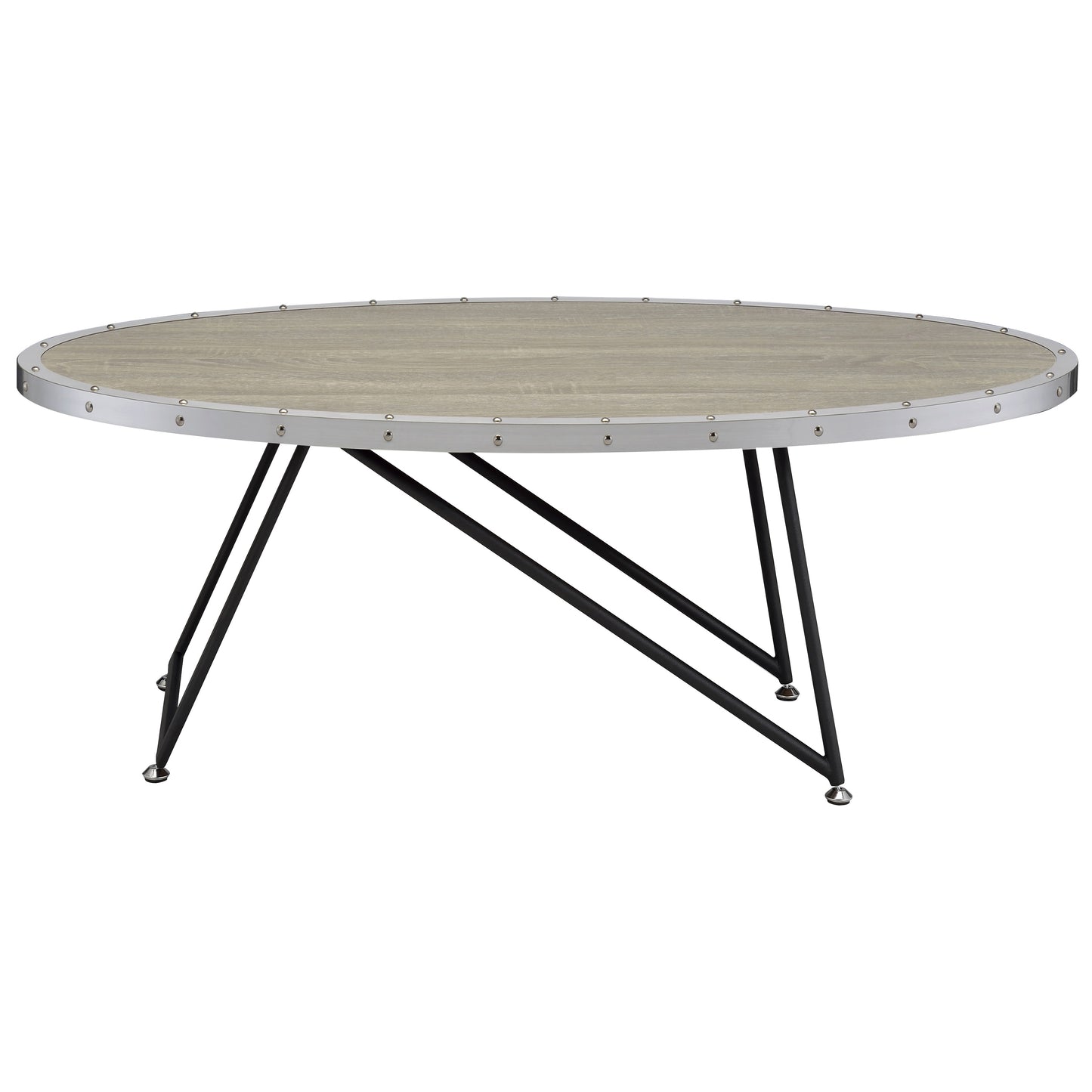 Oval coffee table with weathered oak finish tabletop and metal trim