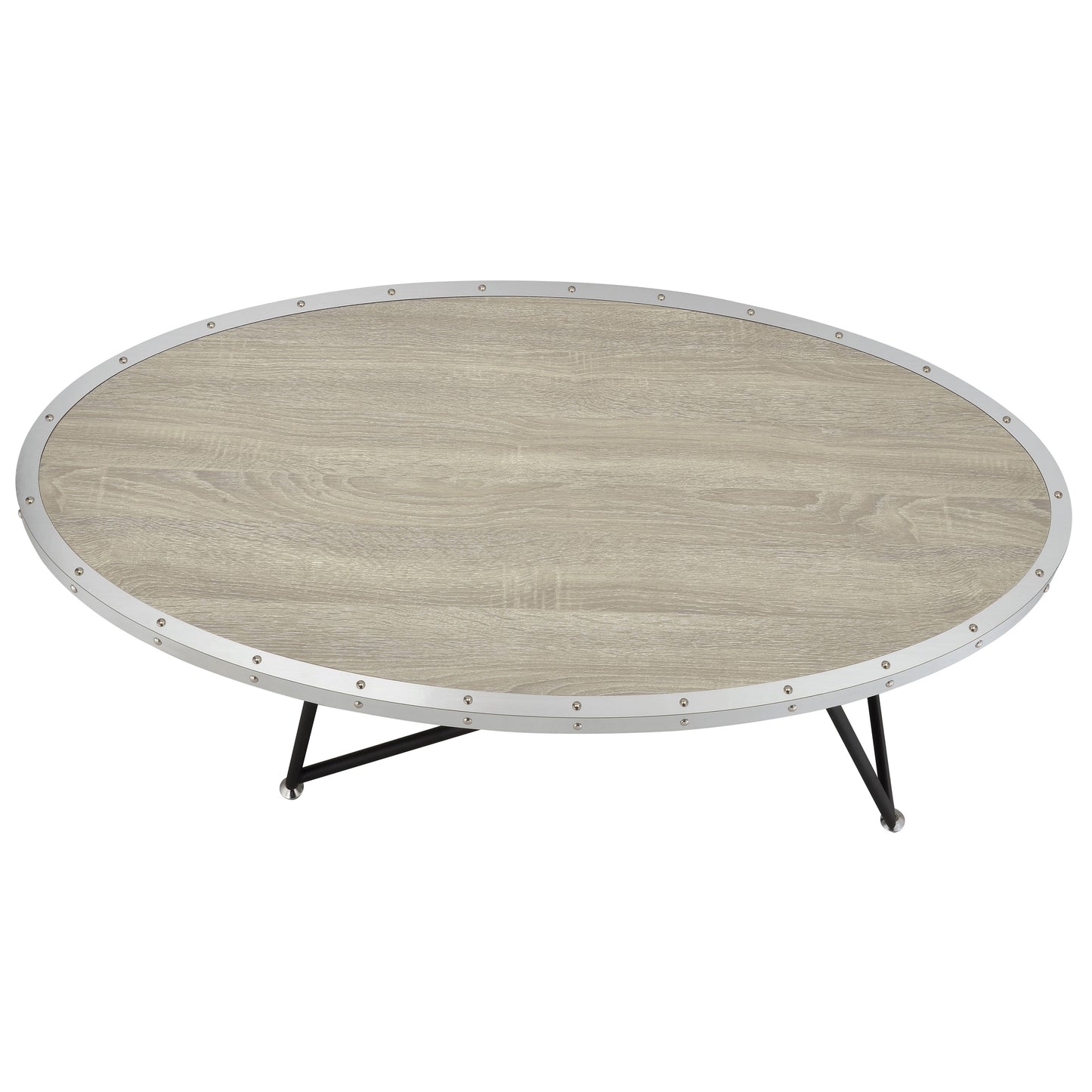 Oval coffee table with light wood grain top and distressed metal trim perfect for living rooms