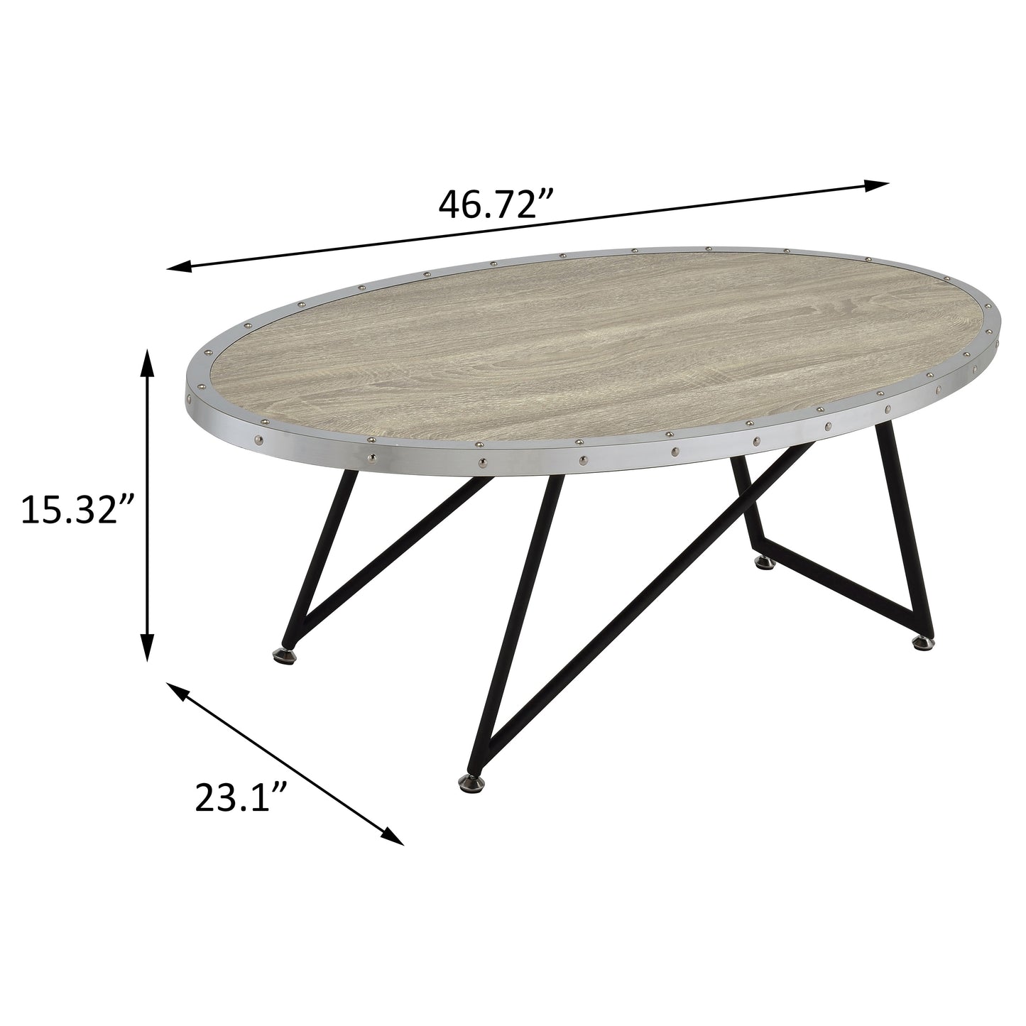 Oval wood grain coffee table with silver metal trim and black metal legs