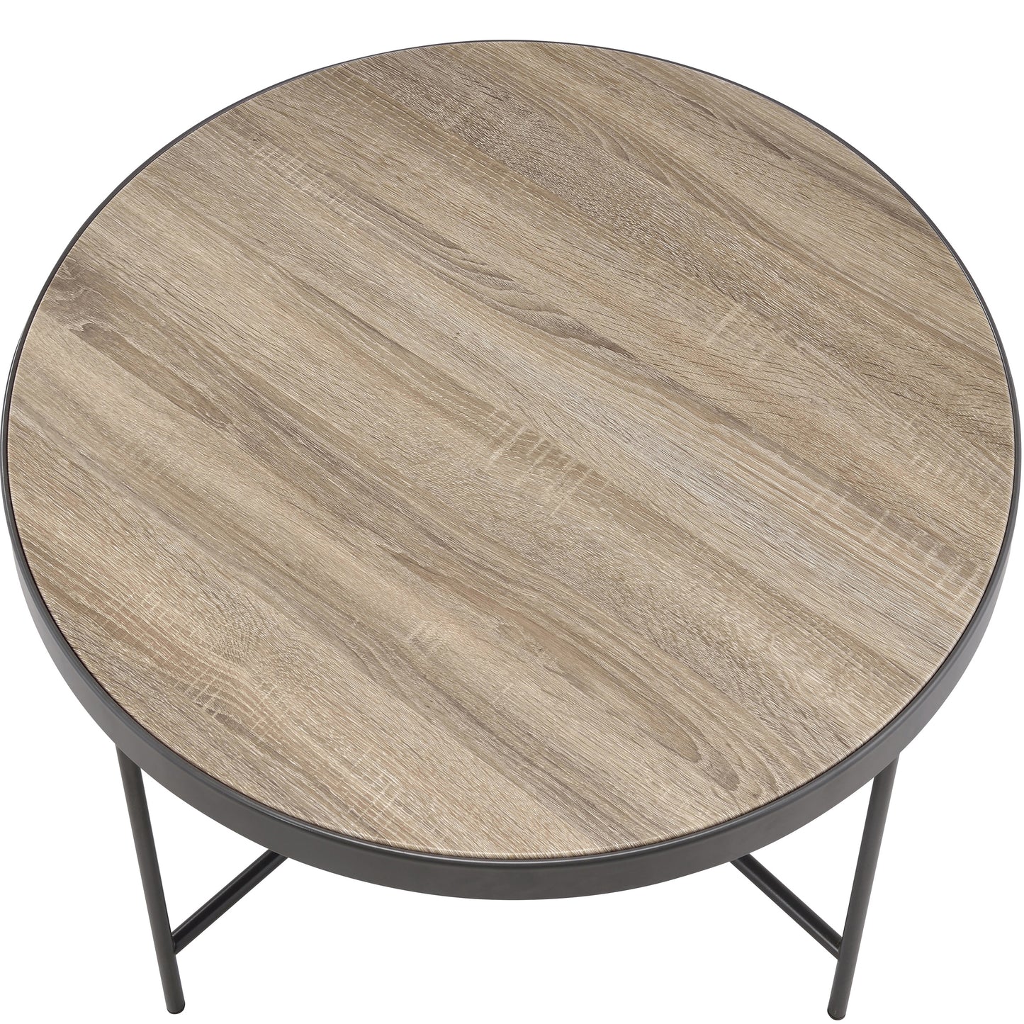 Round side table with natural wood grain finish and dark metal frame