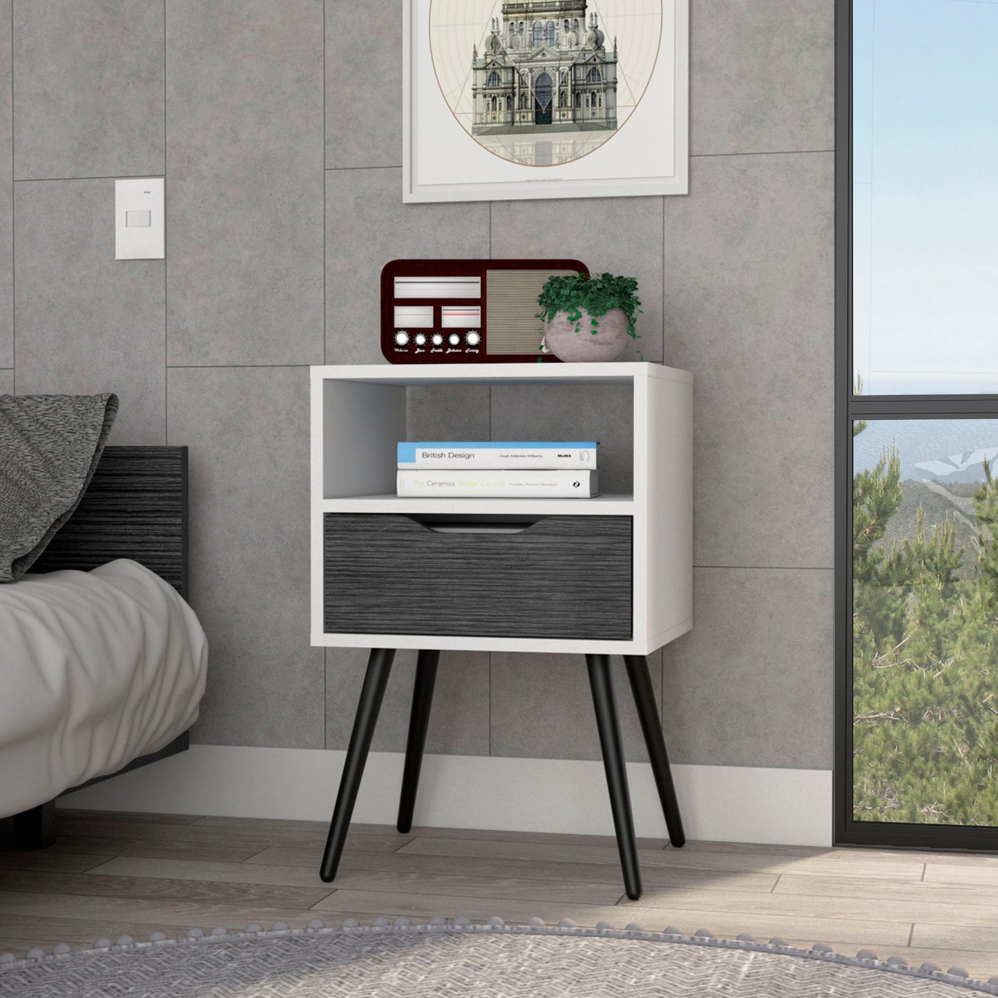 White and black modern nightstand with one drawer and open shelf on tapered legs
