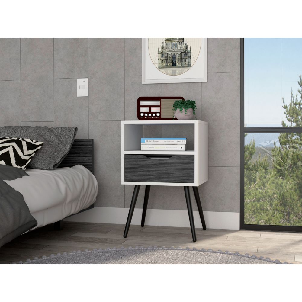 Modern white and charcoal nightstand with angled black legs and open shelf