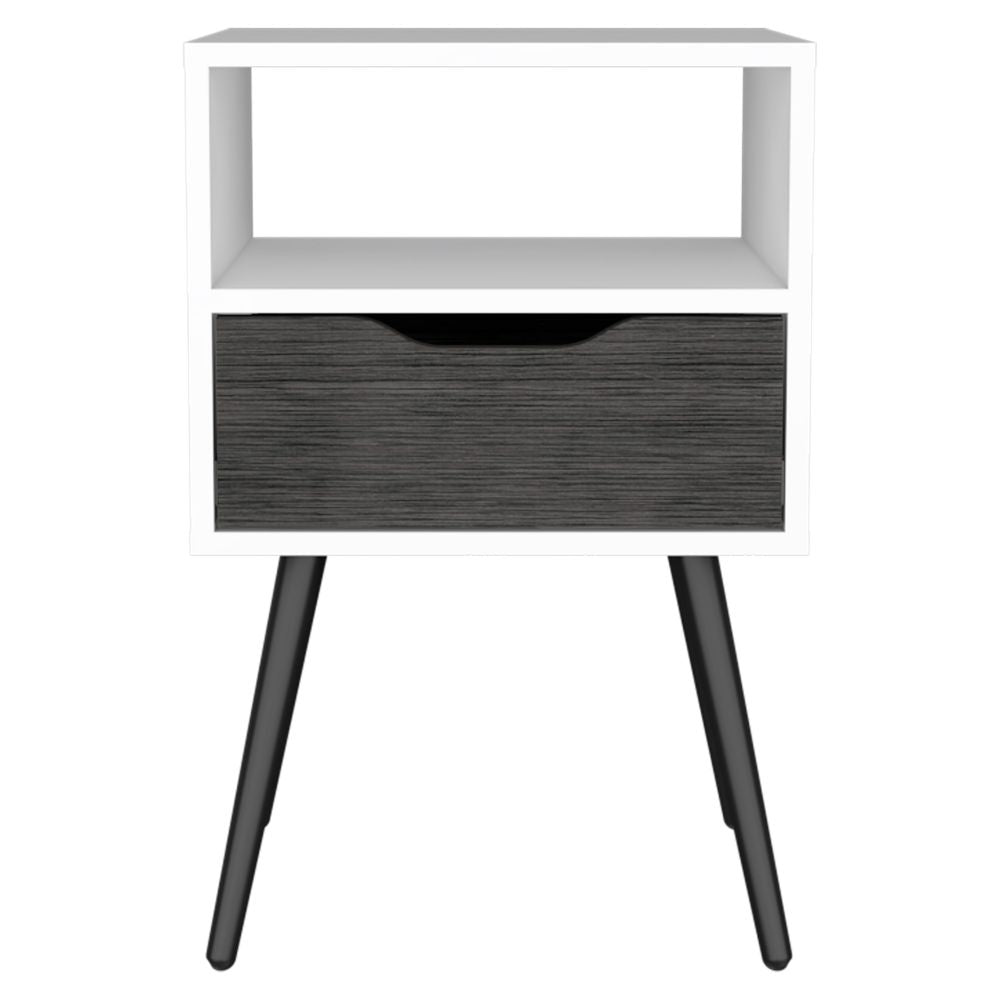 White and grey modern bedside table with a single drawer and tapered legs