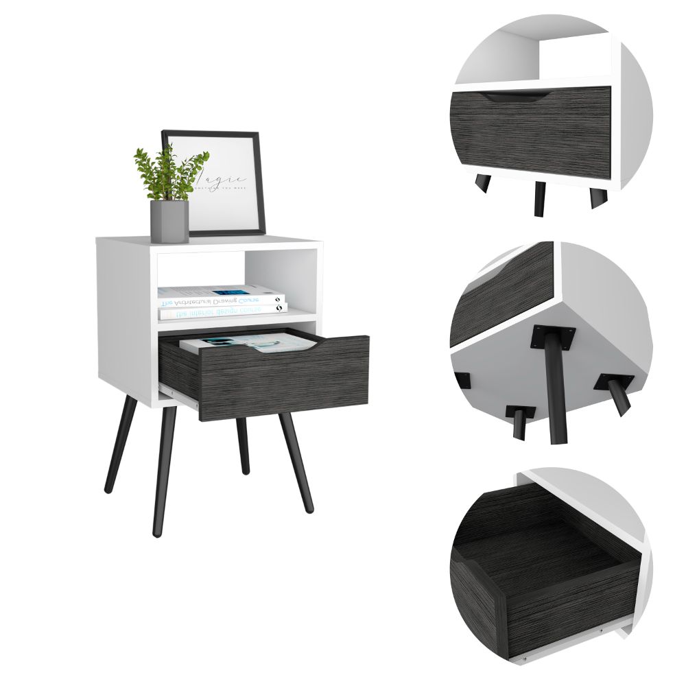 White bedside table with dark wood grain drawer and modern tapered legs