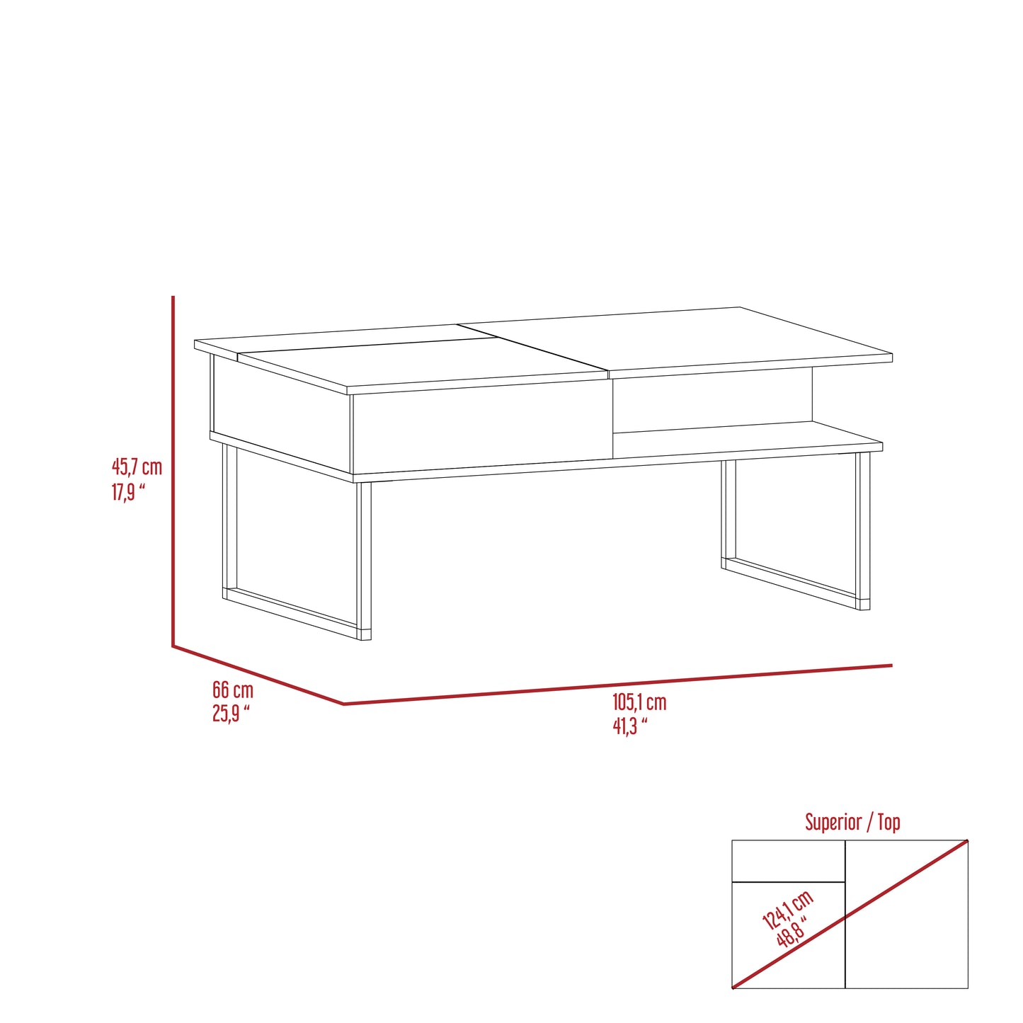 Modern white coffee table with two drawers and an open shelf cm length