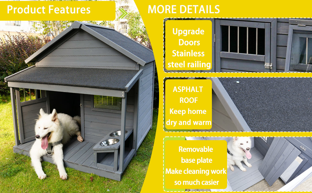 Gray wooden dog house with asphalt roof and stainless steel railing