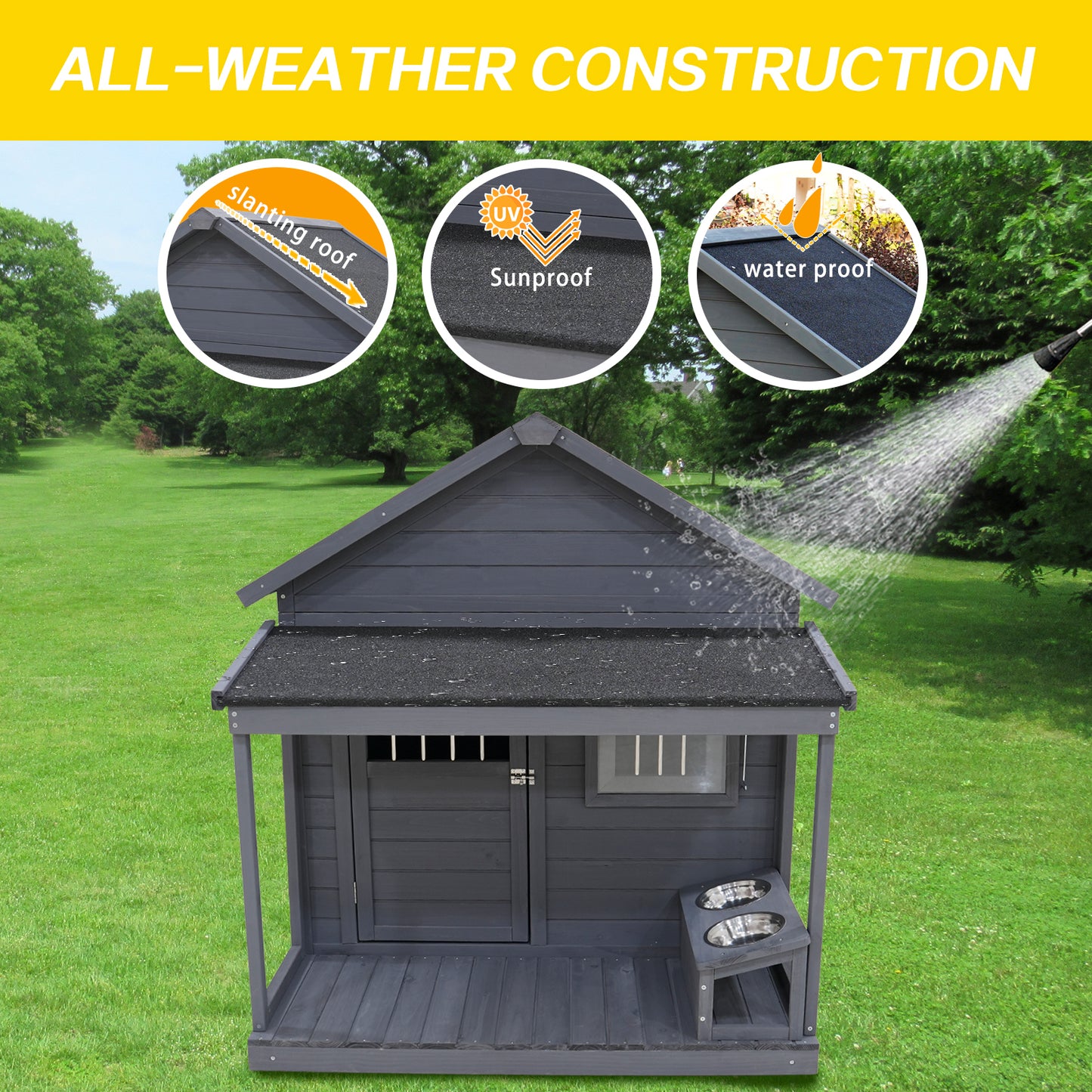 Dark gray wooden dog house with slanted sunproof and waterproof roof