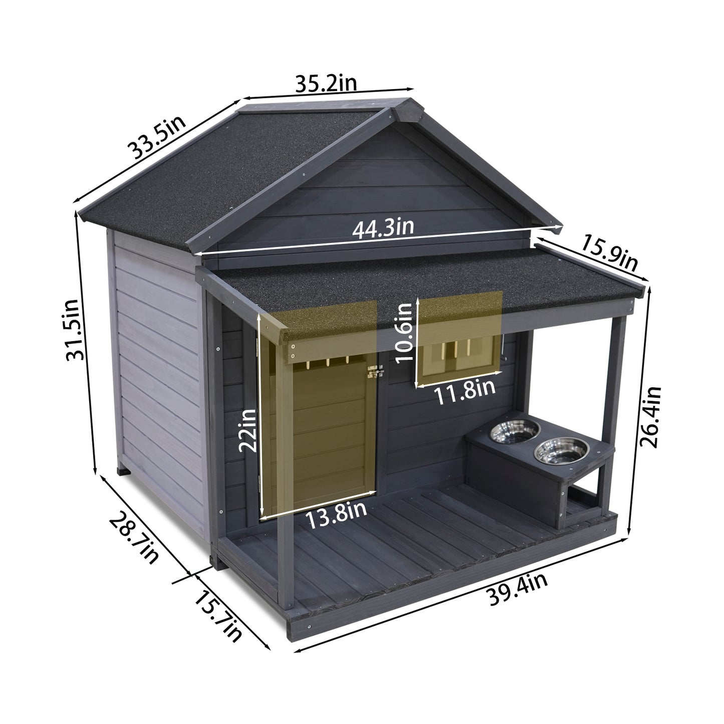 Grey wooden dog house with dual feeding bowls and porch
