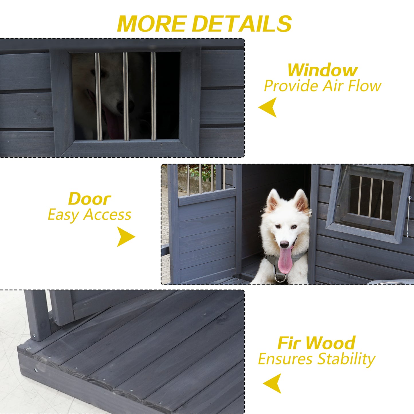 Grey wooden dog house with a white dog peeking through a barred window