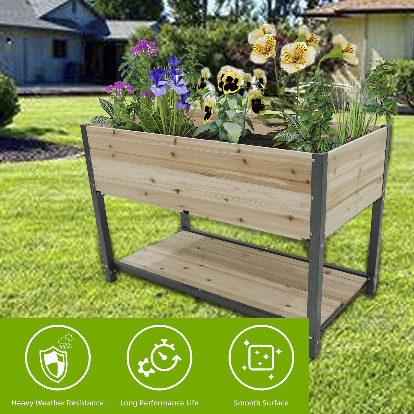 Elevated garden bed with natural wood and dark metal frame featuring lush plants