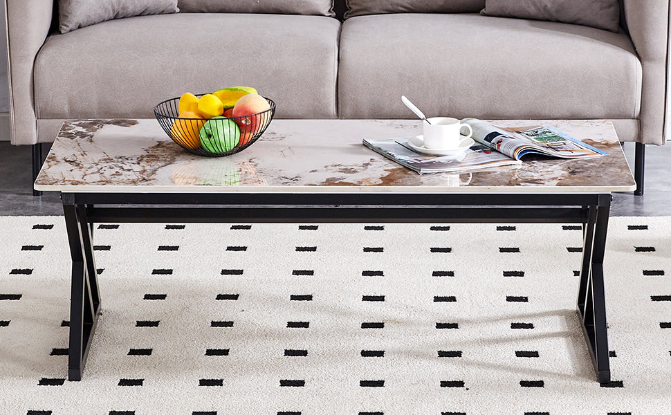Modern rectangular coffee table with faux marble top and black metal legs