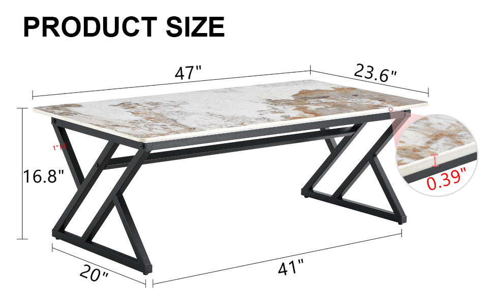 inch industrial coffee table with white marble top and black metal Zlegs