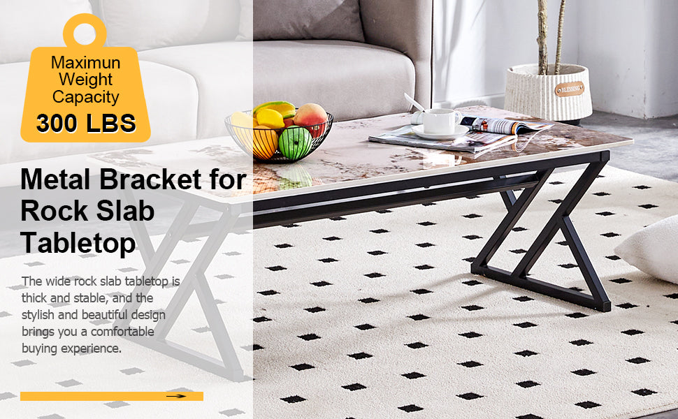 Modern coffee table with faux marble rock slab top and black metal Xframe legs