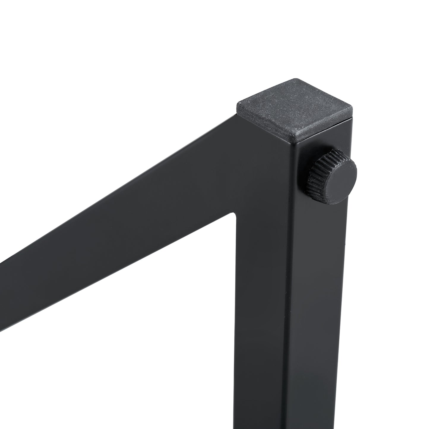 Closeup of black metal furniture leg with textured foot and screw detail