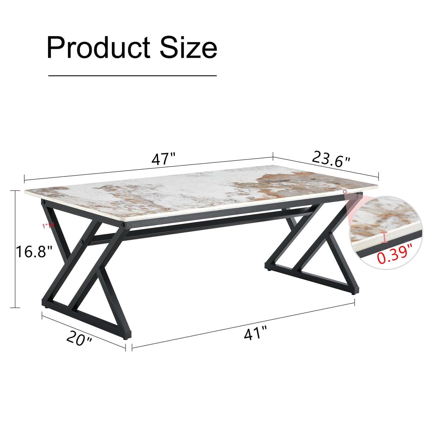 Modern coffee table with white and brown marblelook top and black metal legs inches long