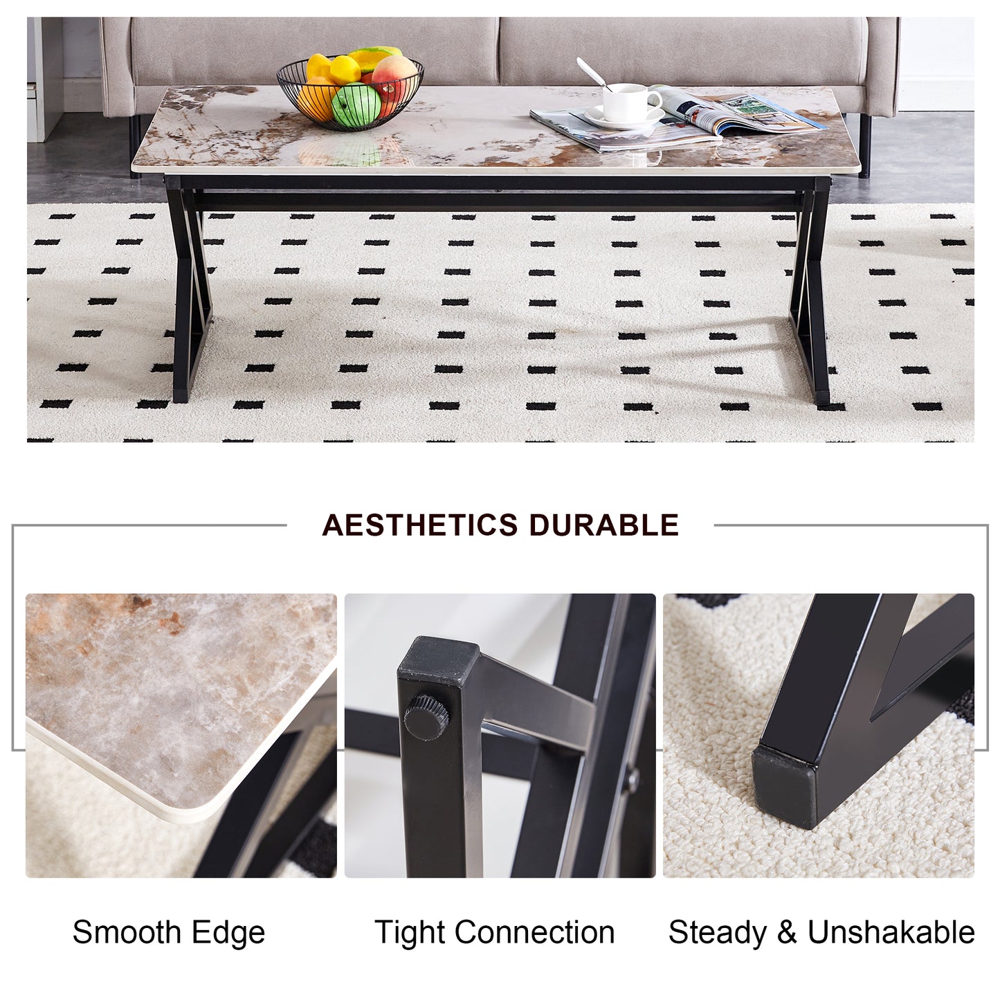 Marble print coffee table with black metal legs holding a fruit bowl and magazine