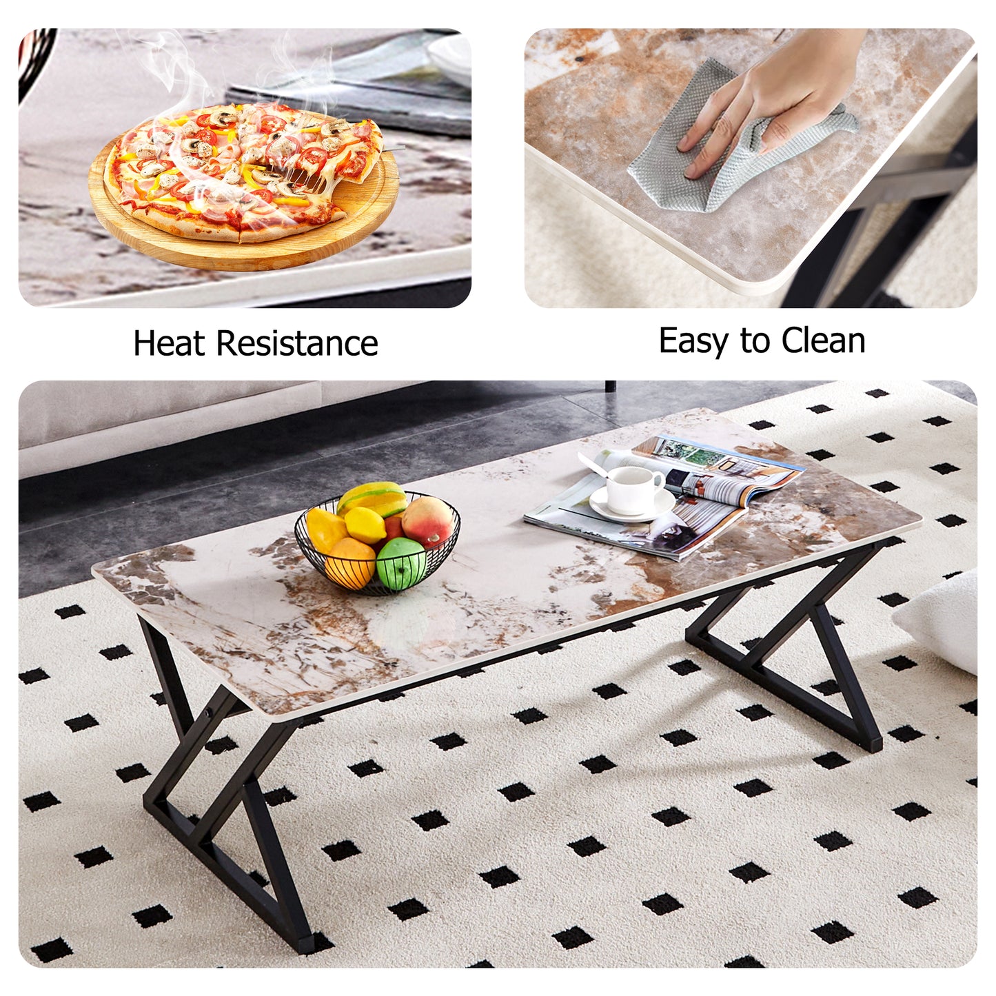 Marble effect coffee table with black metal legs and a fruit bowl showcasing heat resistance for hot items