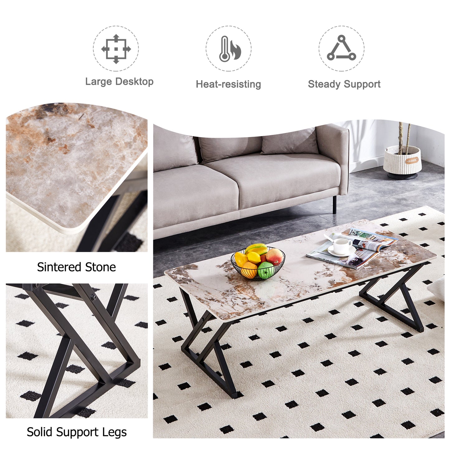 Modern marble sintered stone coffee table with black metal legs perfect for living rooms