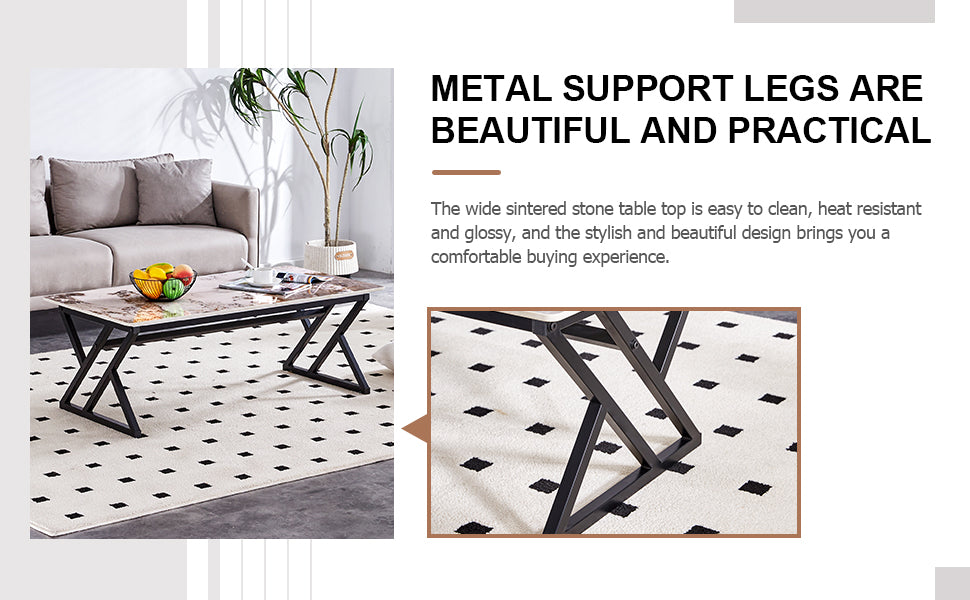 Rectangular sintered stone coffee table with geometric black metal legs and colorful fruit bowl