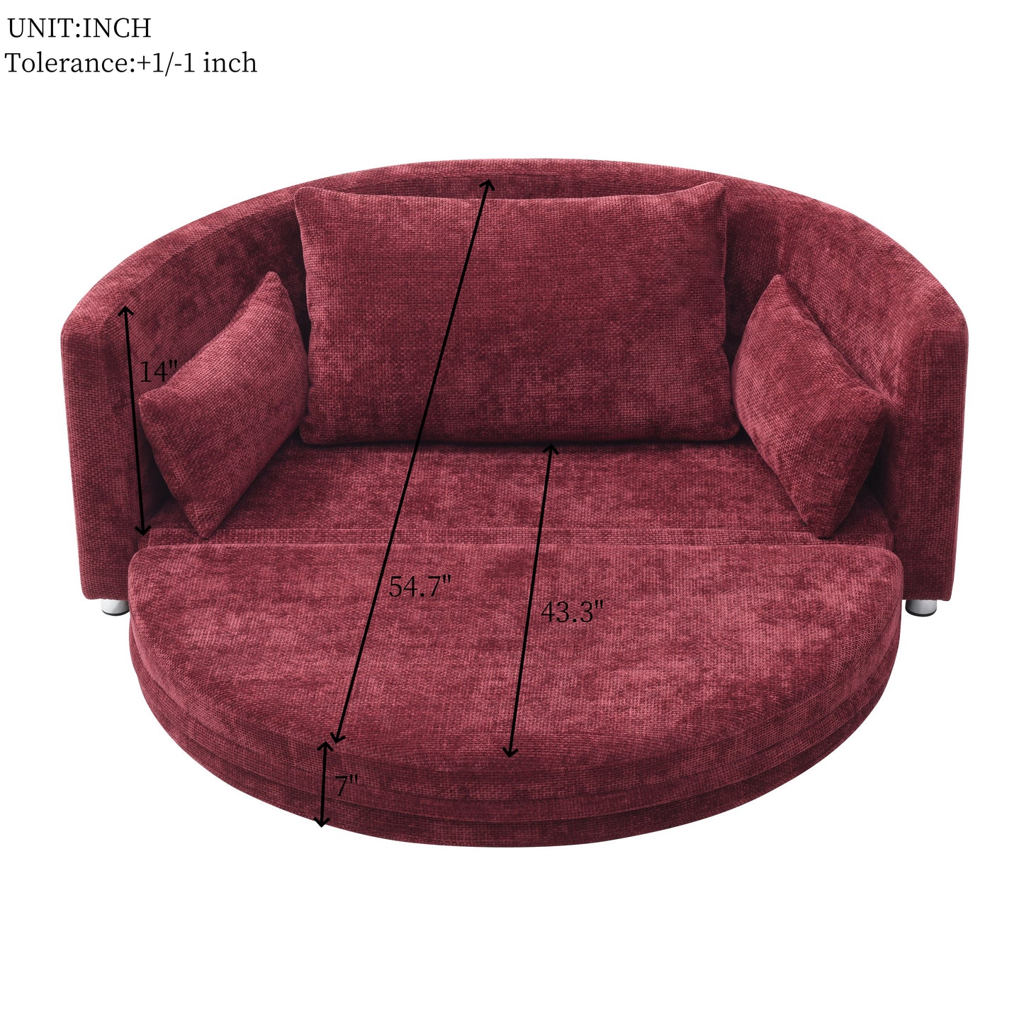 Plush red velvet circular sofa with matching throw pillows perfect for modern living rooms
