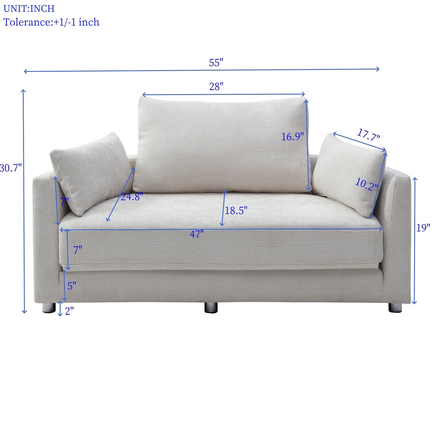Contemporary beige sofa with textured fabric and accent pillows Dimensions W x H