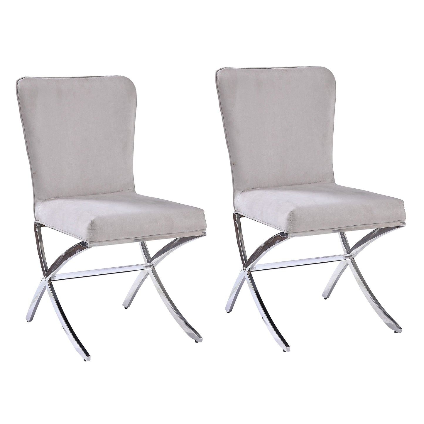 Pair of light gray fabric dining chairs with polished chrome Xframe legs