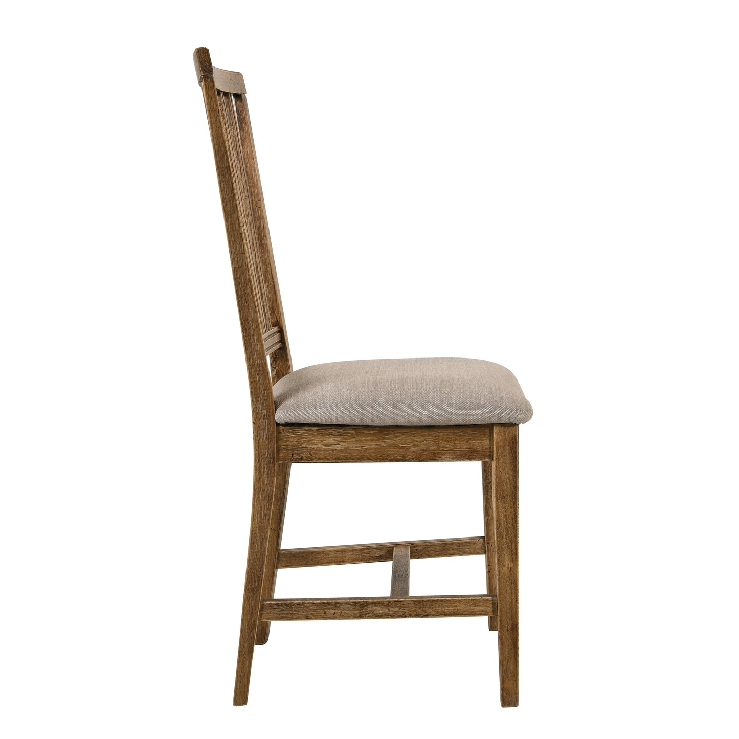 Side view of a rustic wooden dining chair with a beige upholstered seat