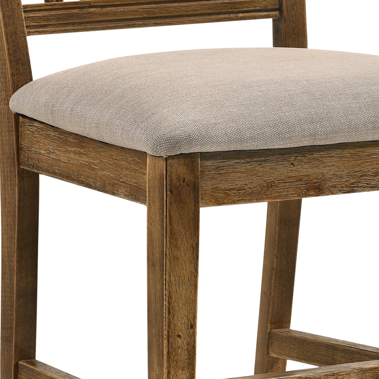 Rustic wooden bar stool with a textured beige fabric seat and distressed wood finish