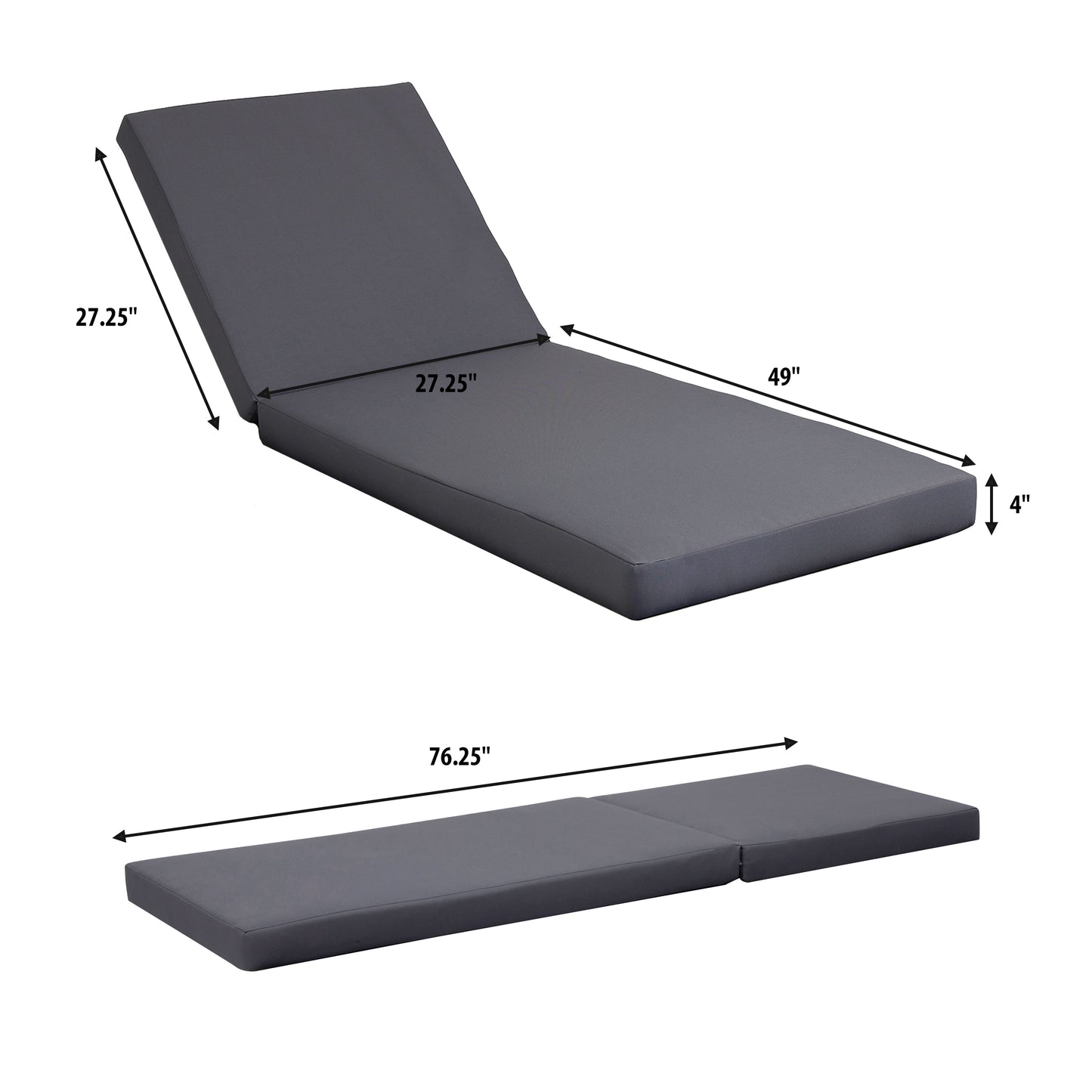 Dark grey upholstered chaise lounge cushion with adjustable back inches long