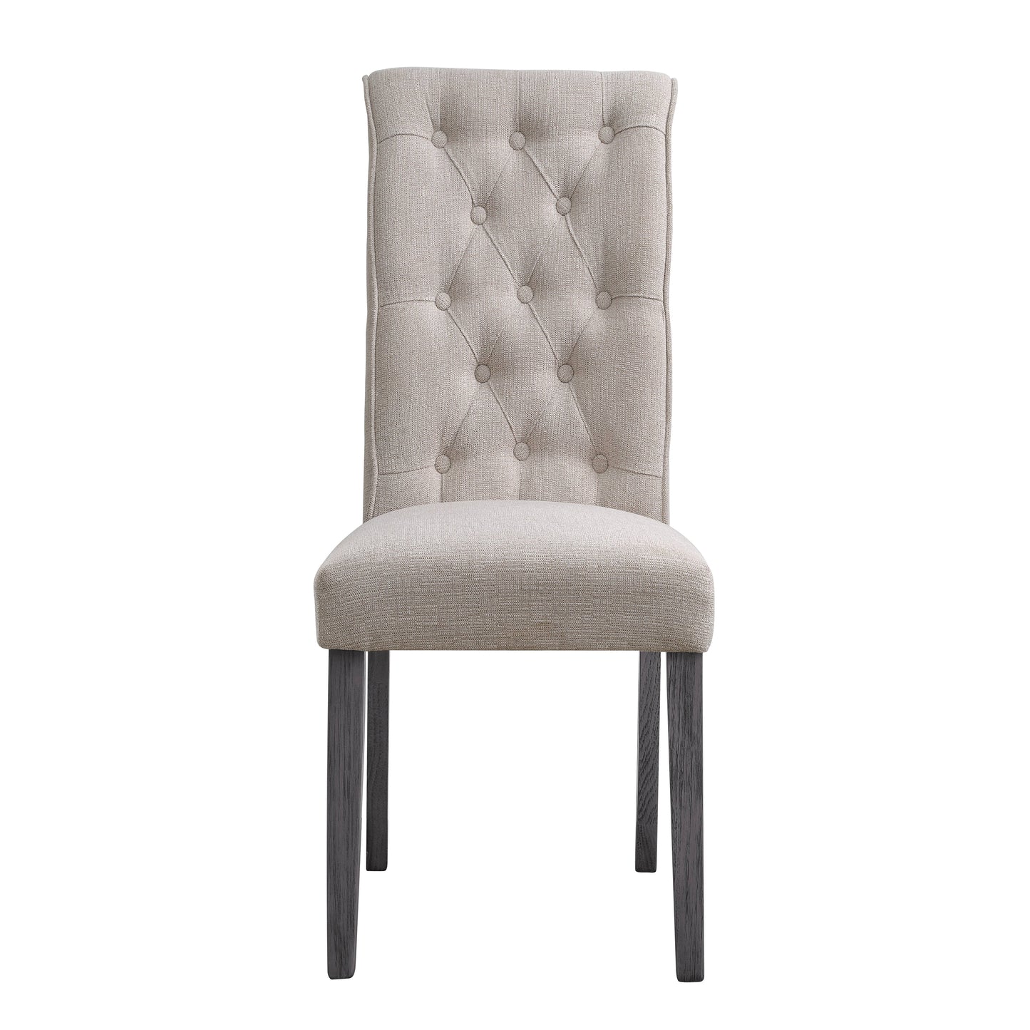 Elegant taupe upholstered dining chair with diamond tufting and dark wood legs