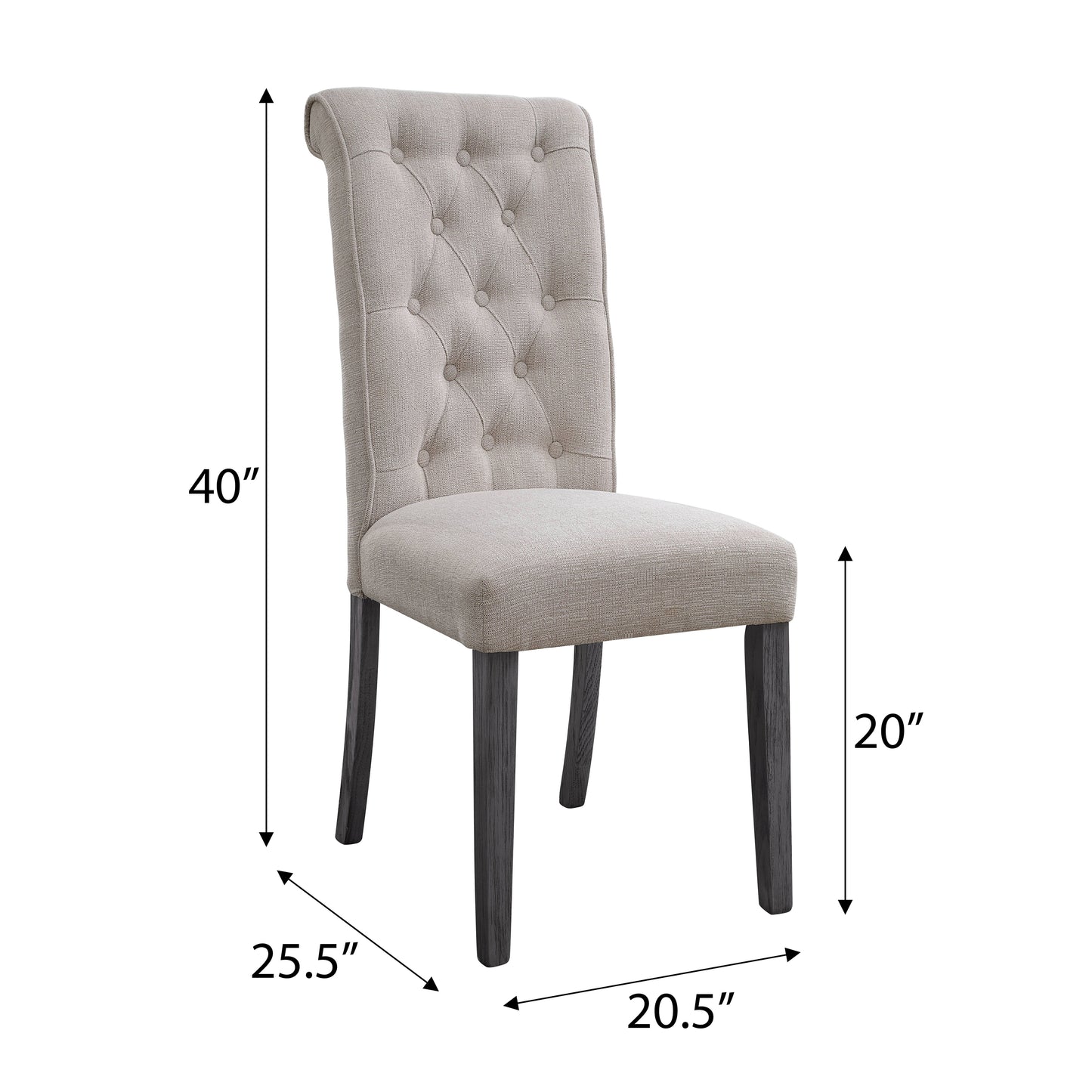 Tufted upholstered dining chair with button detailing in a neutral beige fabric featuring dark wood legs