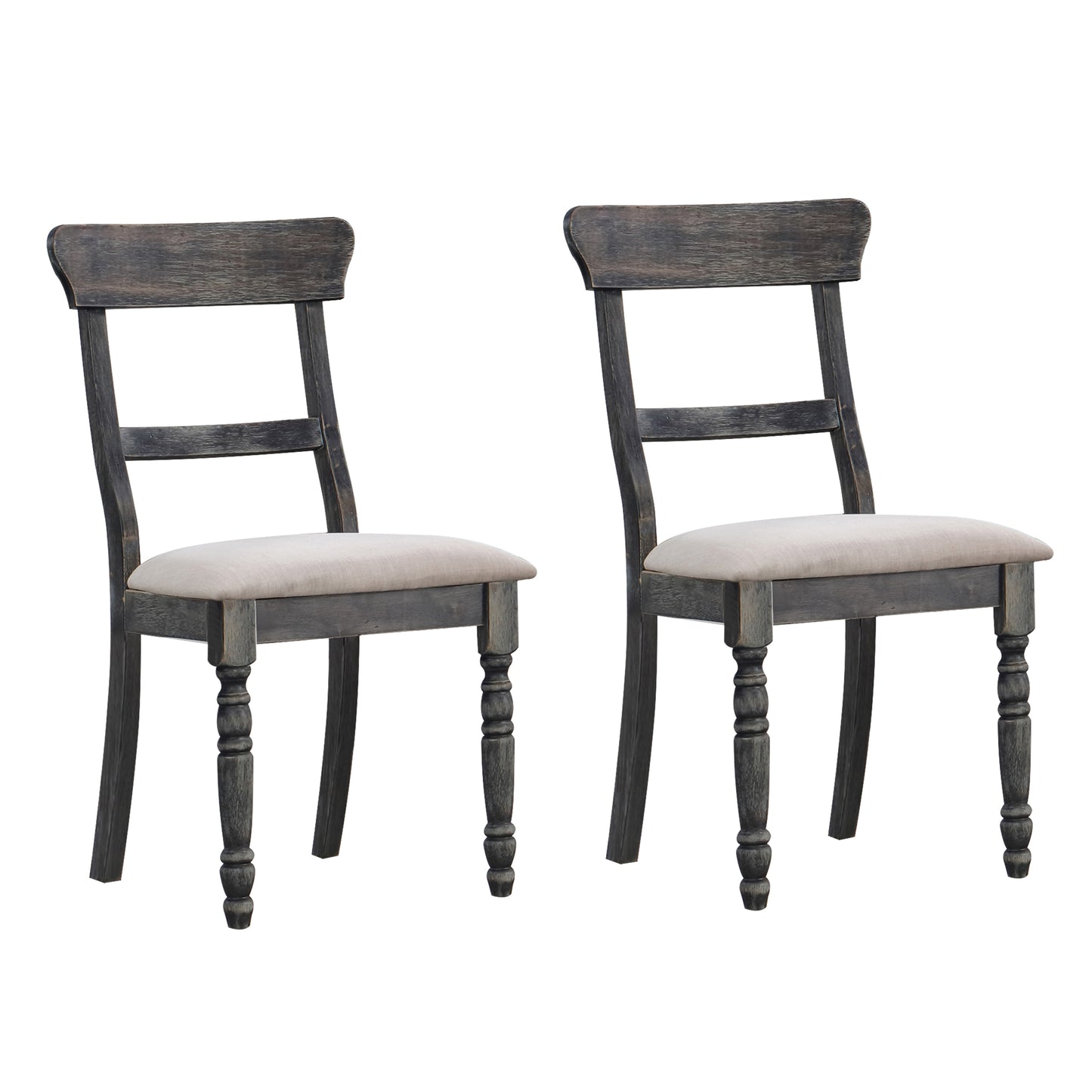 Two distressed gray wooden dining chairs with light beige upholstered seats