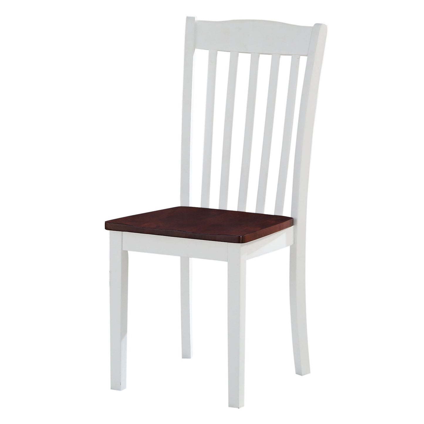 White wooden dining chair with a dark wood seat